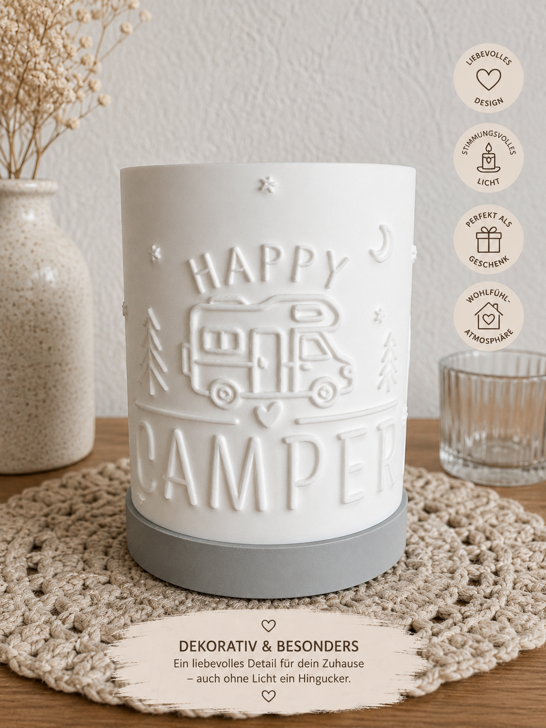Happy Camper Windlicht mit LED Licht | Camping Deko | Wohnmobil Geschenk | Vanlife Licht | Camper Dekoration 3D Druck
