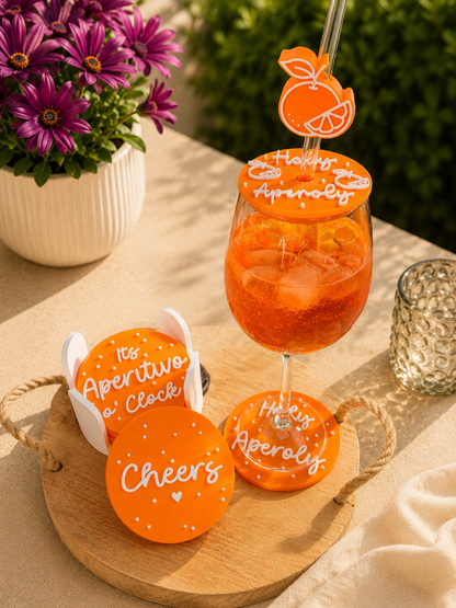 Aperol Untersetzer Set mit Halter | 6 runde Getränkeuntersetzer | Spritz Geschenk | Aperitivo Deko | 3D-Druck | Sommer Geschenk