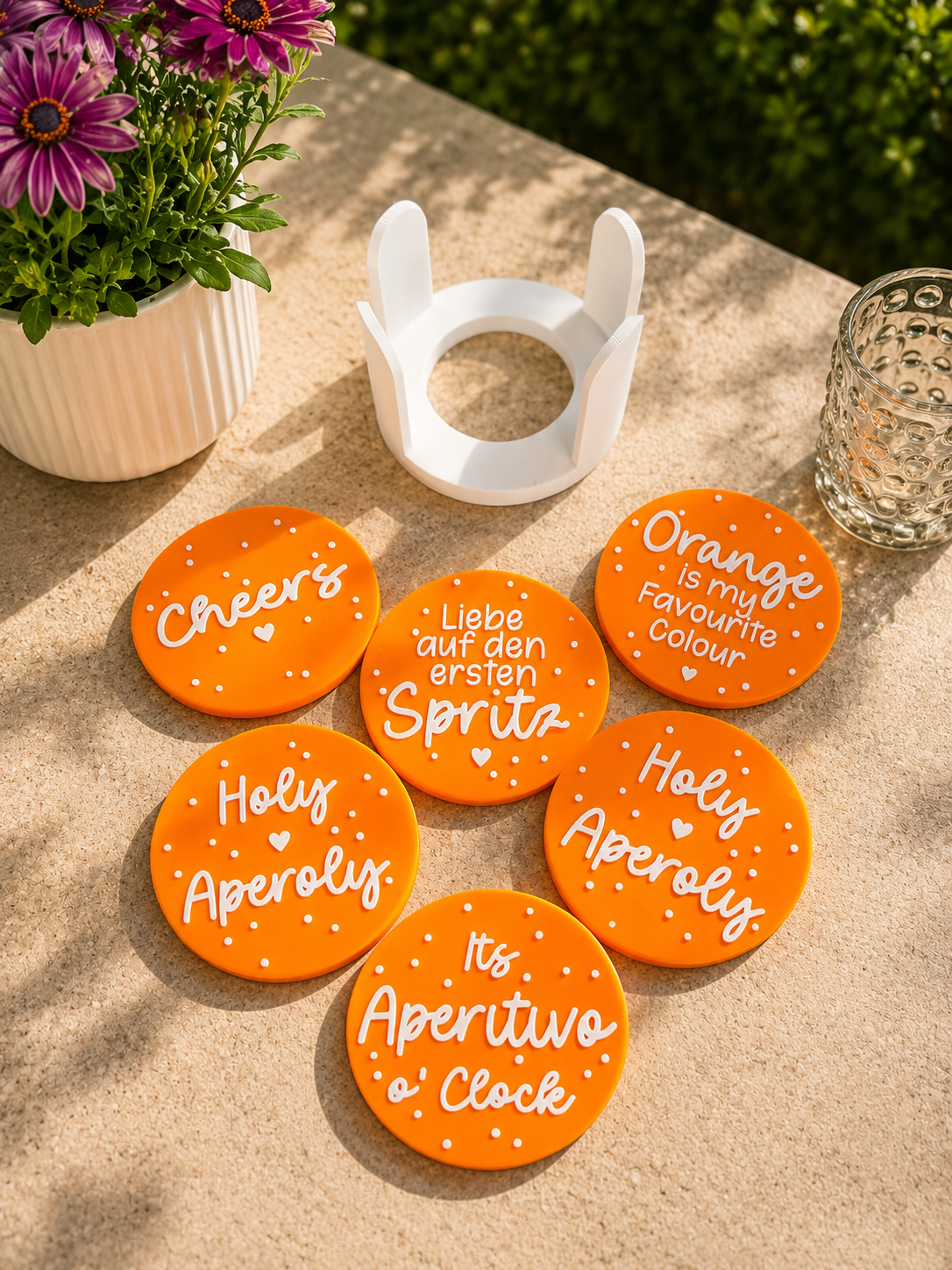 Aperol Untersetzer Set mit Halter | 6 runde Getränkeuntersetzer | Spritz Geschenk | Aperitivo Deko | 3D-Druck | Sommer Geschenk