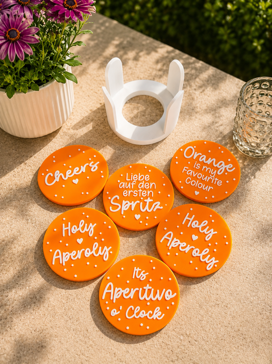 Aperol Untersetzer Set mit Halter | 6 runde Getränkeuntersetzer | Spritz Geschenk | Aperitivo Deko | 3D-Druck | Sommer Geschenk