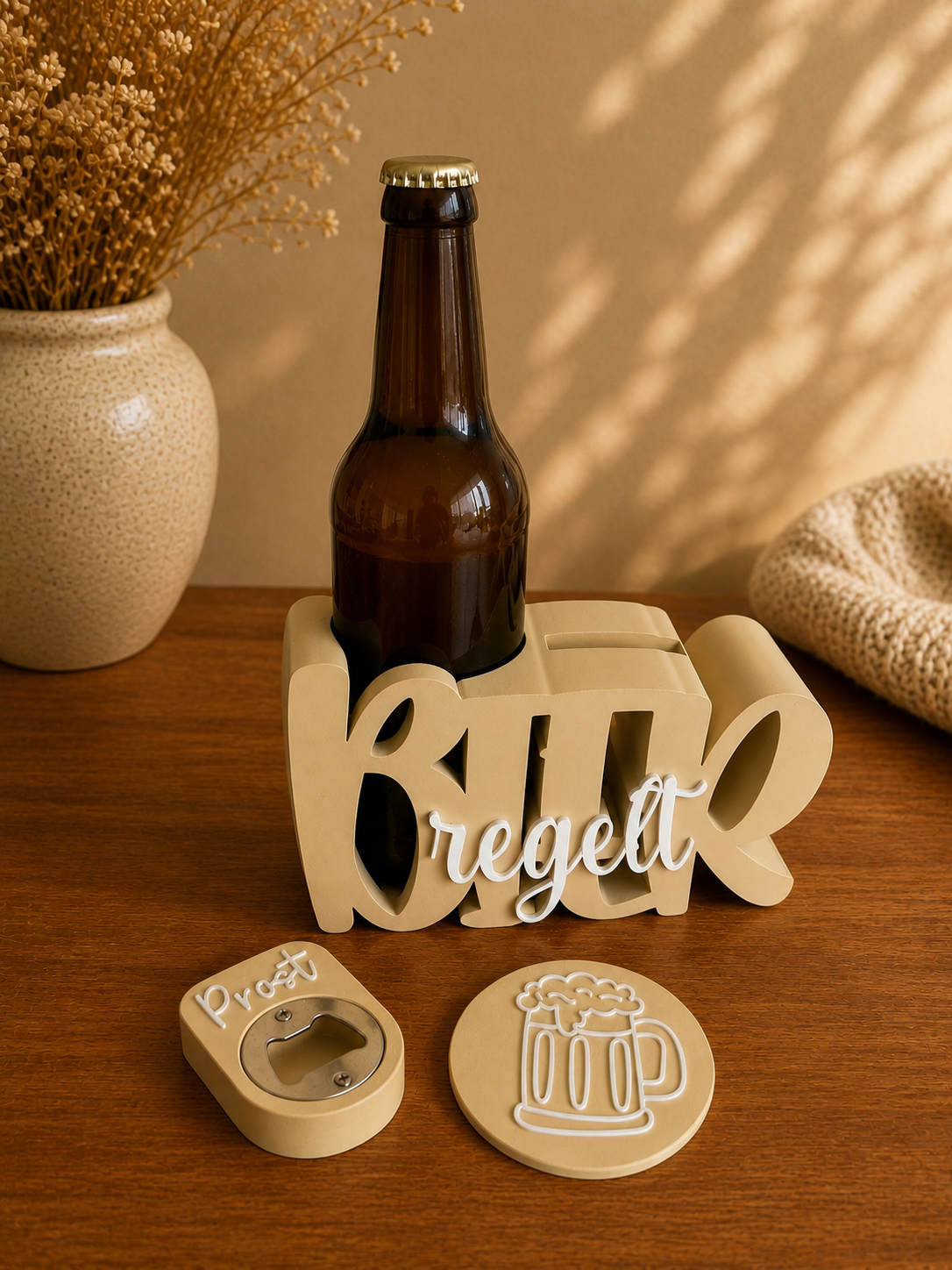 Bier regelt Flaschenhalter mit Bieröffner & Untersetzer – Männergeschenk, Bar Deko & Bierhalter aus 3D Druck