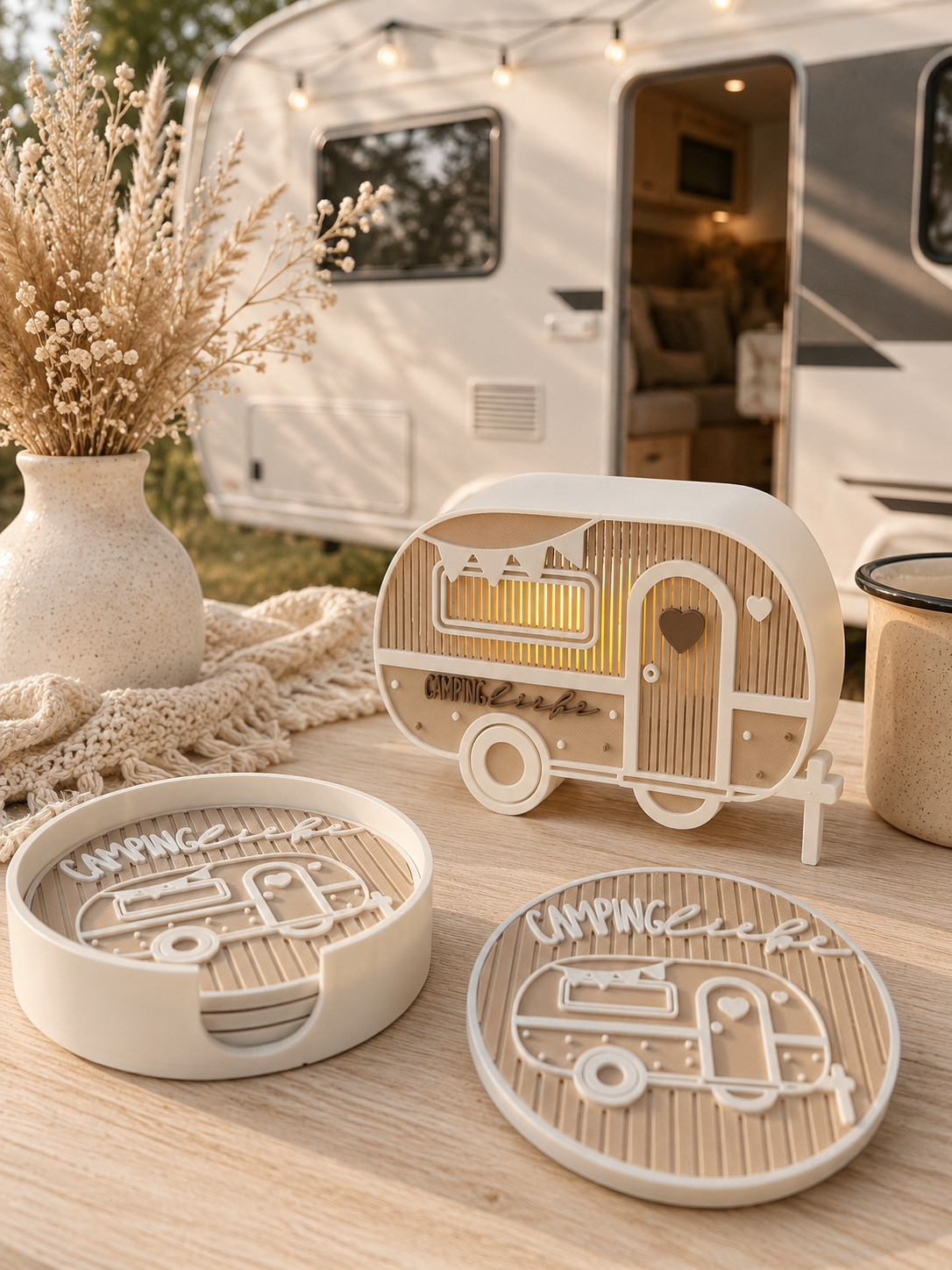Camping Untersetzer Set mit Halter | 4 Untersetzer Wohnwagen Camper Vanlife | Campingliebe Geschenk für Camper Wohnmobil
