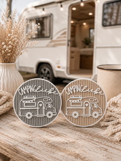 Camping Untersetzer Set mit Halter | 4 Untersetzer Wohnwagen Camper Vanlife | Campingliebe Geschenk für Camper Wohnmobil