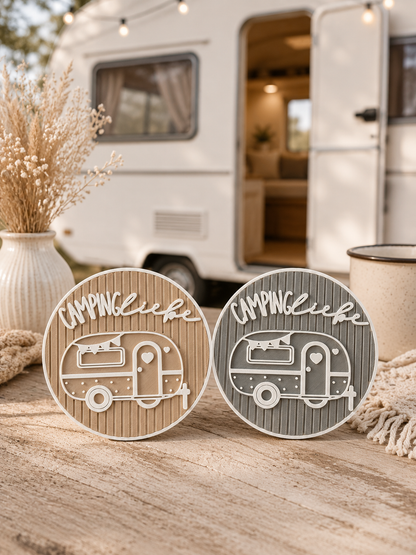 Camping Untersetzer Set mit Halter | 4 Untersetzer Wohnwagen Camper Vanlife | Campingliebe Geschenk für Camper Wohnmobil