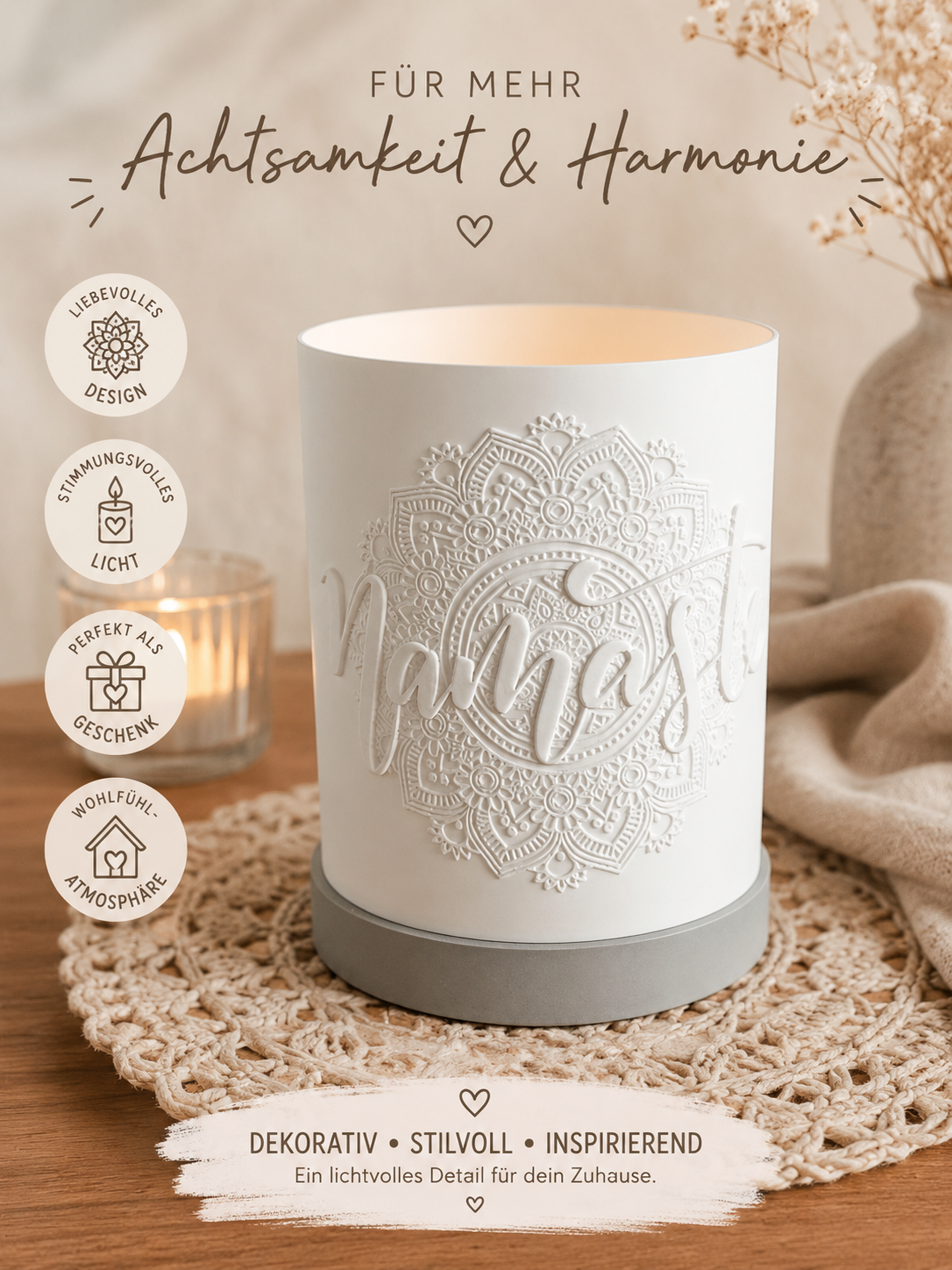 Namaste Windlicht mit LED Licht | Yoga Deko | Mandala Windlicht | Spiritualität Geschenk | Achtsamkeit Deko