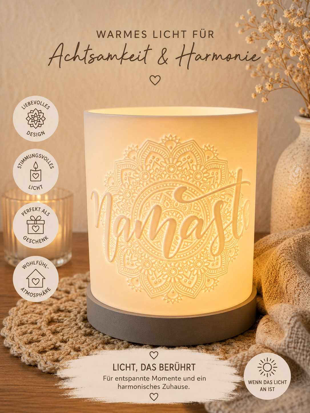 Namaste Windlicht mit LED Licht | Yoga Deko | Mandala Windlicht | Spiritualität Geschenk | Achtsamkeit Deko
