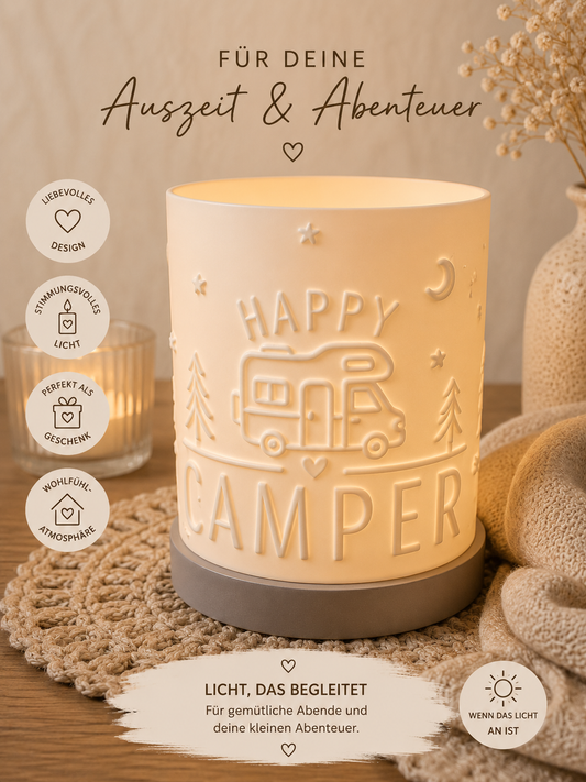Happy Camper Windlicht mit LED Licht | Camping Deko | Wohnmobil Geschenk | Vanlife Licht | Camper Dekoration 3D Druck