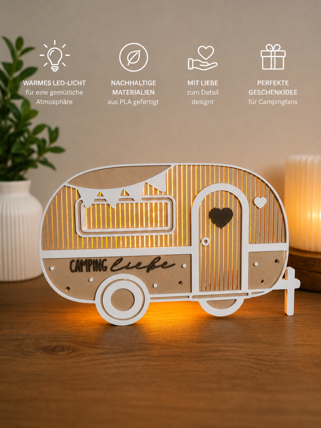 3D Druck Camping Licht mit LED-Teelicht, Wohnwagen Deko, Camper Geschenk, Nachtlicht für Vanlife & Campingfans