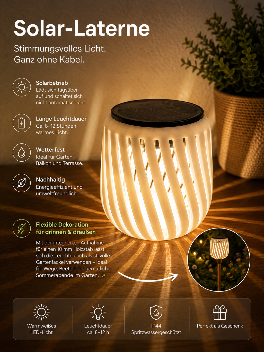 Solar Laterne LED warmweiß, Gartenfackel für 10 mm Holzstab, Gartenleuchte wetterfest, Balkon Terrasse Deko, Geschenkidee