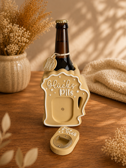 GlücksPils Flaschenhalter mit Bieröffner – Bier Geschenk für Männer – Bierdeko & Männergeschenk