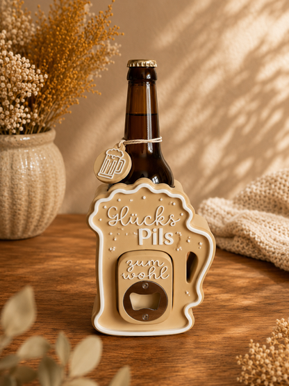 GlücksPils Flaschenhalter mit Bieröffner – Bier Geschenk für Männer – Bierdeko & Männergeschenk