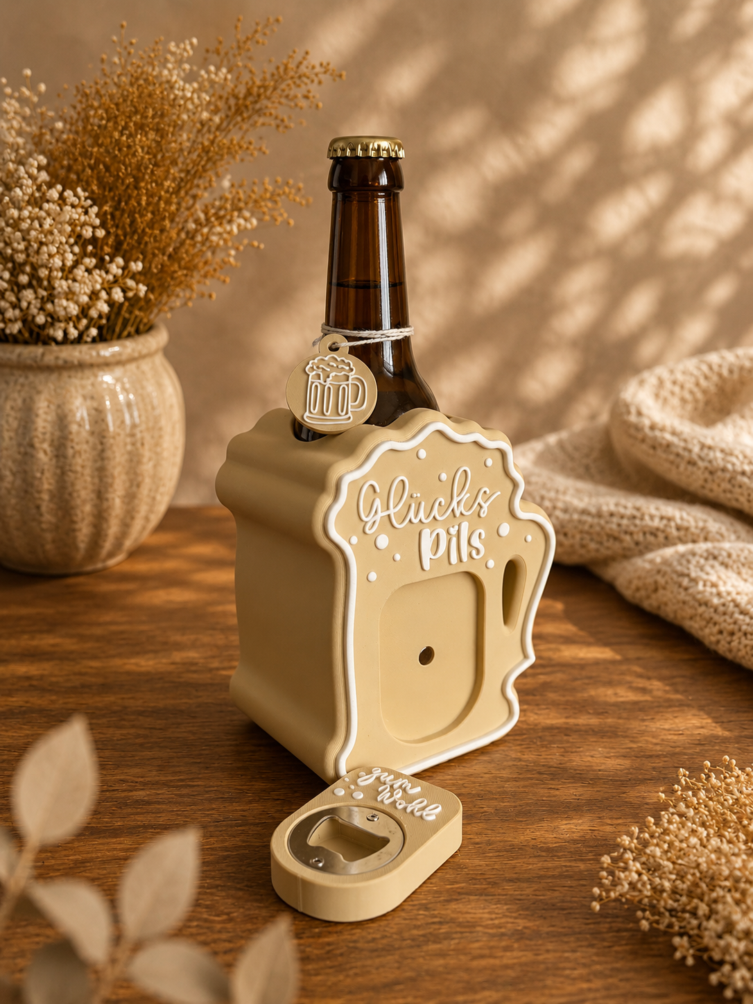 GlücksPils Flaschenhalter mit Bieröffner – Bier Geschenk für Männer – Bierdeko & Männergeschenk