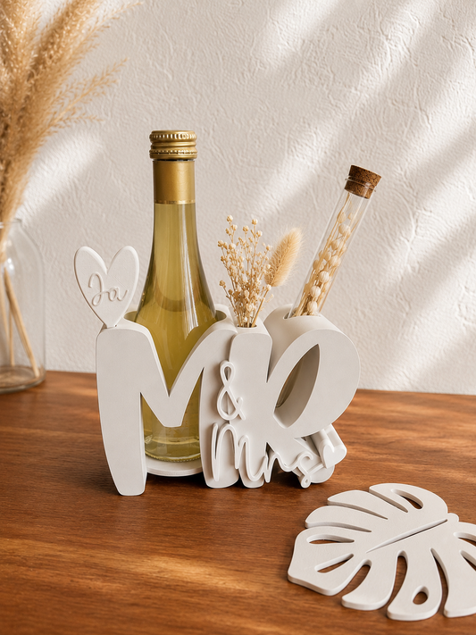 Mr & Mrs Flaschenhalter mit Untersetzer – Hochzeitsgeschenk für Brautpaar – elegante Hochzeitsdeko