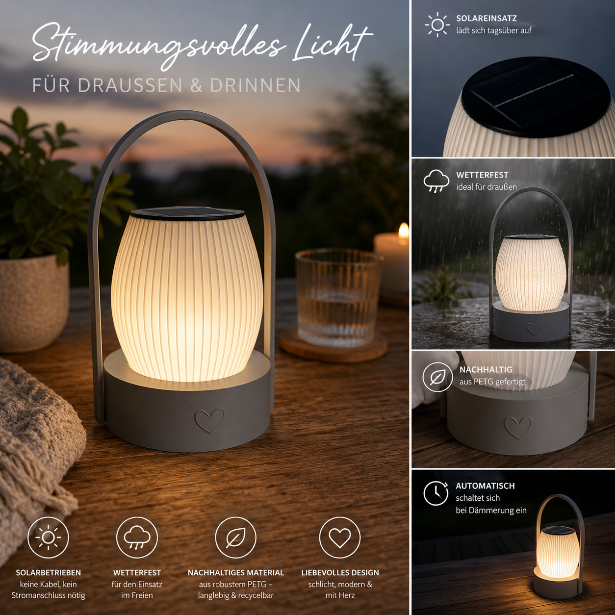 Solarleuchte Camping und Garten modern | Wetterfeste LED Laterne für Balkon & Terrasse | Nachhaltige Outdoor Tischlampe Solarlicht, 3D Druck